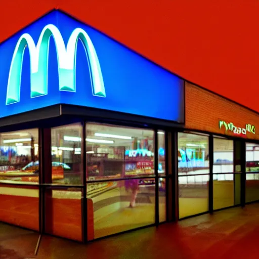 Image similar to closeup portrait of an ethereal mcdonalds made of blue light, divine, cyberspace, mysterious, dark high-contrast concept art