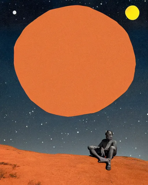 Image similar to man sitting at uluru, medicine drum, night sky, small fire, cosmic sky