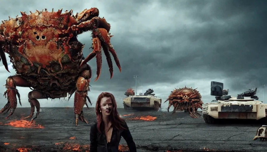 Image similar to big budget horror movie about giant mutant crabs fighting tanks in a city