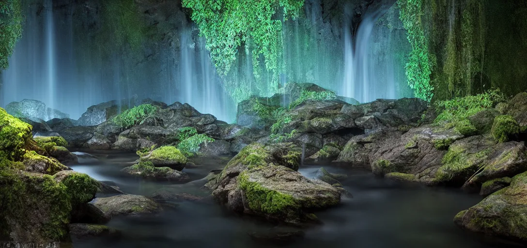 Prompt: beautiful view of the bottom of a rocky forest waterfall at night, glowing water with caustics, calm, dark atmosphere, dappled light, reflections, bubbles, refraction, symmetry, cinematic lighting, ultra detailed, sharp, ambient occlusion, bloom, raytracing, by dylan cole, sebastian meyer and jordan grimmer