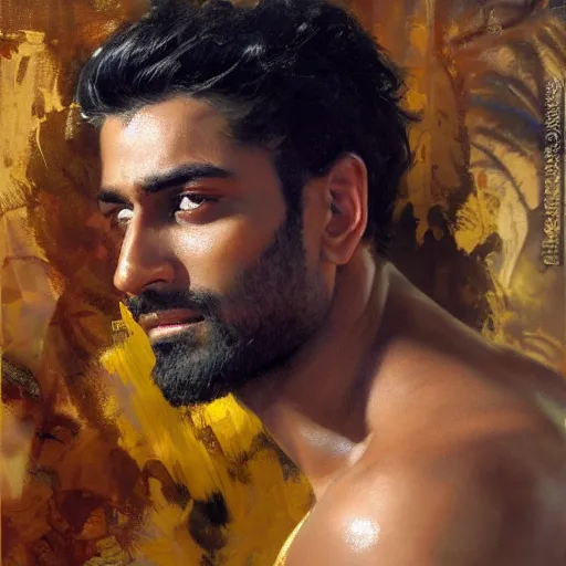 Prompt: detailed realistic cinematic wide shot of beautiful attractive muscular indian man with gold chain wearing blue bath robe slim face symettrical face clean skin black eyes black robe smooth, sharp focus, ultra realistic, spring light, painting by gaston bussiere, craig mullins, j. c. leyendecker