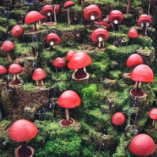 Image similar to beautiful dystopian deserted overgrown city anthropomorphic red mushroom tiny village