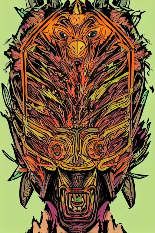 Image similar to animal mask totem roots flower tribal feather gemstone plant wood rock shaman vodoo video game vector cutout illustration vivid multicolor borderlands comics by josan gonzales and dan mumford radiating a glowing aura