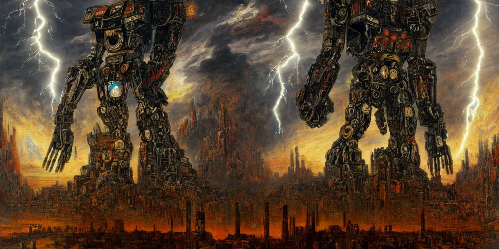 Image similar to Giant War Robot in the middle of Toyto in style of Gustave Moreau. Symbolism, Detailed Art, 8K, Epic, Dynamic Lightning.