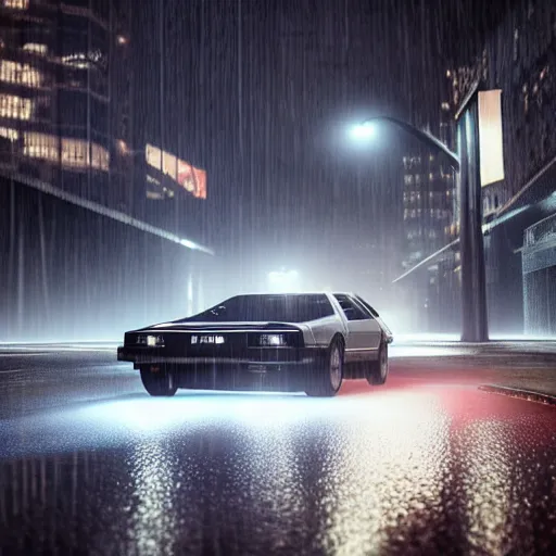 Image similar to hyperdetailed, photorealistic photograph of a dmc 1 2 delorean driving in the streets, rain, night, dense fog, hd, unreal engine 5