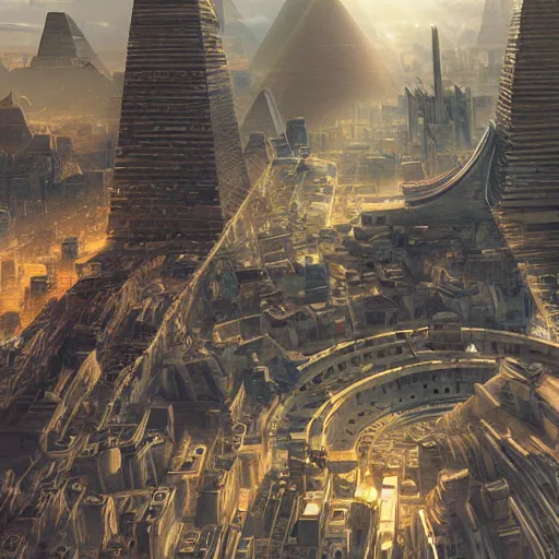 Prompt: a scene of the beautiful intricate epic futuristic pharaoh city with the cyber sphinx of giza, hovering cyber pyramid, hyper detailed, cinematic lighting