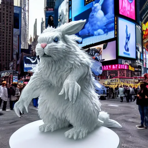 Image similar to a realistic ice sculpture of a very scary bunny with sharp teeth made by michelangelo, standing in times square, 3 d render, hyper detailed, sharp focus, 8 k resolution