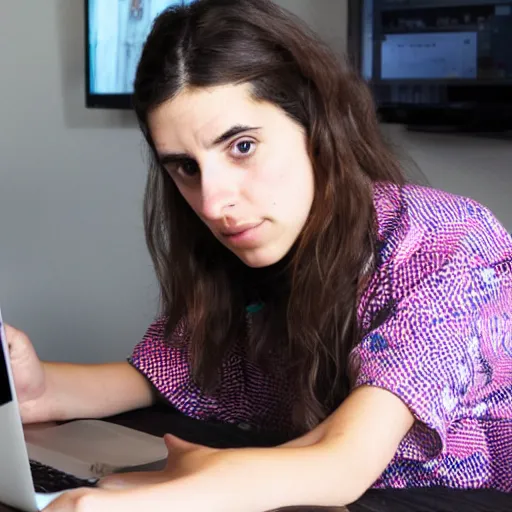 Image similar to A photo of hila klein sitting on a computer scrolling a webpage of etsy.com with clothes designs