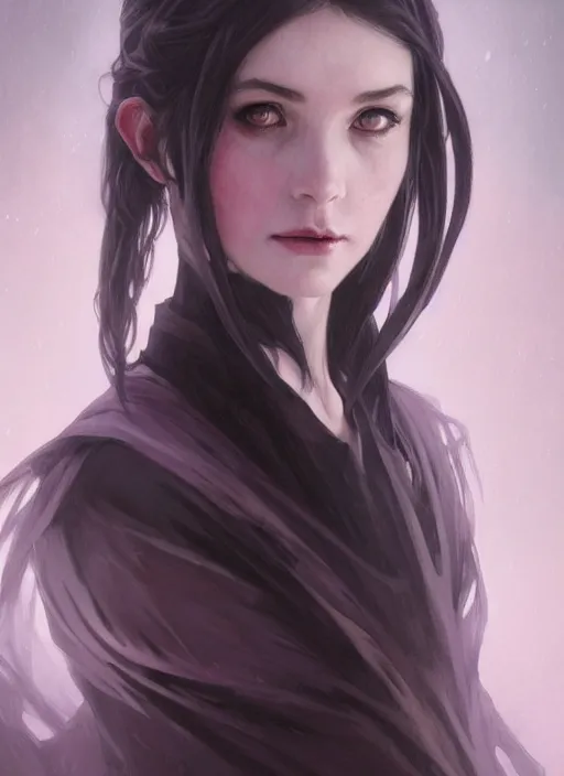 Prompt: long face, sharp features, girl, portrait, devil smile, grey eyes, black hair, dark cloak, dnd, art by artgerm and greg rutkowski and alphonse mucha, trending on artstation, cinematic light, pastel colors, volumetric shading, high radiosity dull skin, global illumination, radiant light, soft light, soft color dodge, subsurface scattering