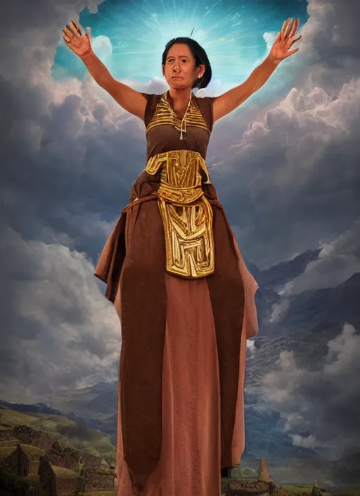 Image similar to incan female priest starring at the sky, with arms up, praying at the sky, realistic face, matte painting, fantasy art