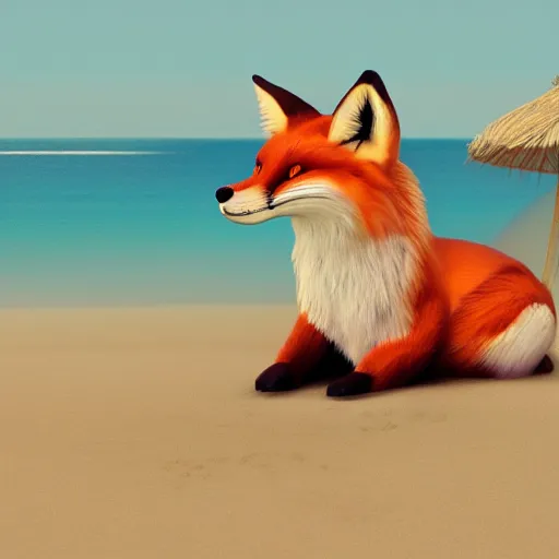 Prompt: fox chilling on the beach, photo, vaporwave, artstation