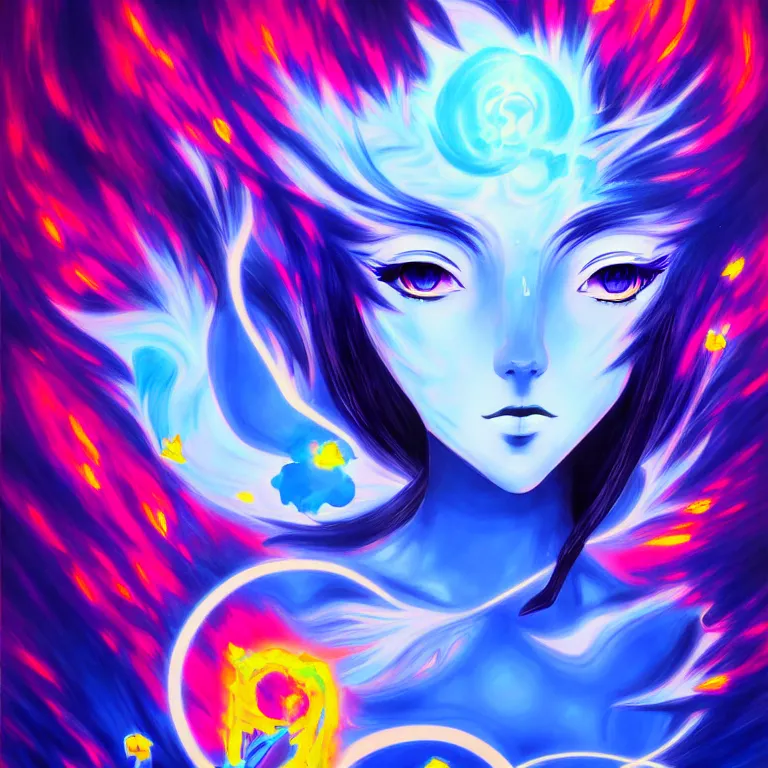 Image similar to abstract expressionism painting of a stunning anime goddess of light + blue eyes + blak glowing flowers, colorful atoms, misty, artwork by [ xsullo ]. trending on artstation