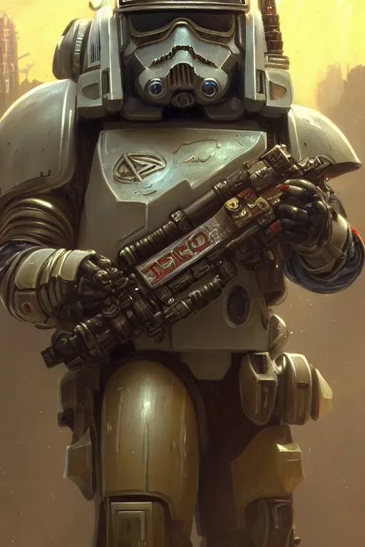 Image similar to character portrait closeup harrison ford cyberpunk starcraft terran bioshock warhammer 4 0 k space marine stormtrooper, character design, painting by gaston bussiere, dan mumford, moebius, katsuya terada, frank frazetta, tom of finland, trending on artstation