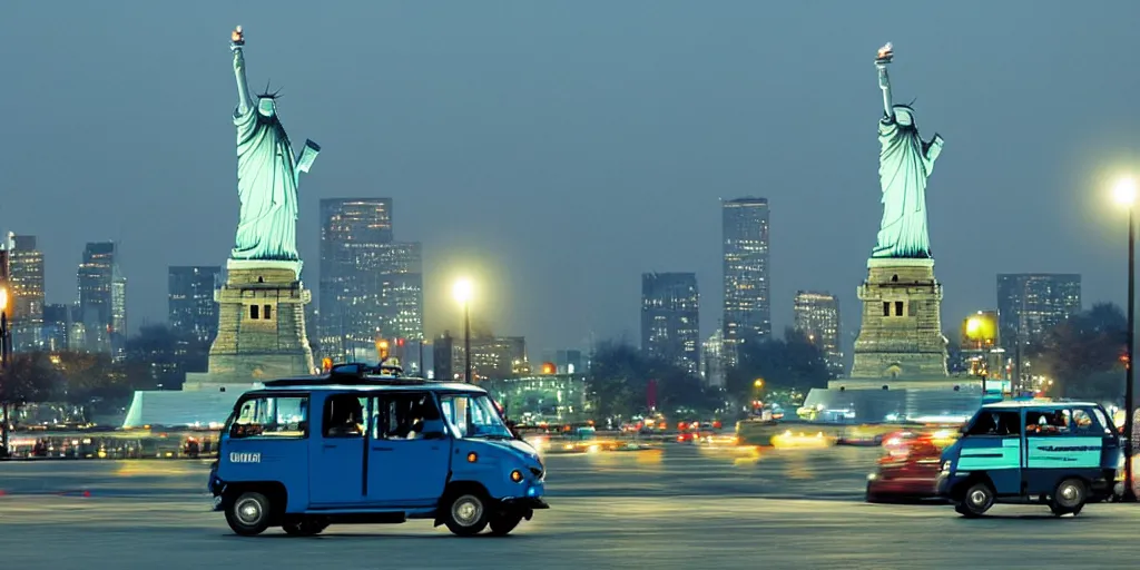 Image similar to a lonely blue tuk tuk with the statue of liberty in the background, night, full color