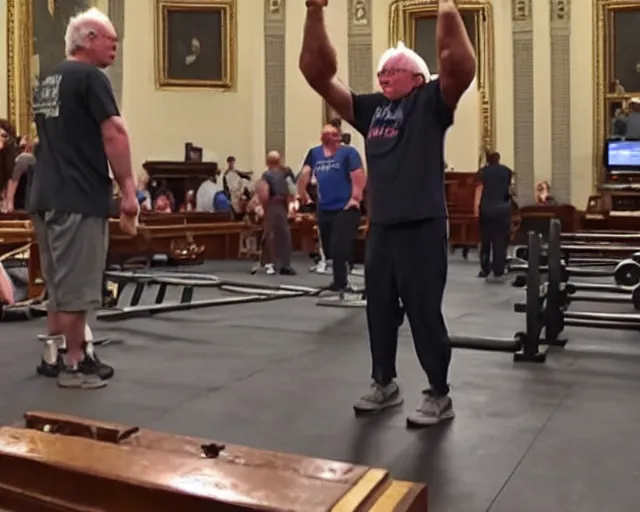 Prompt: bernie sanders deadlifts 200lb barbells in senate chambers