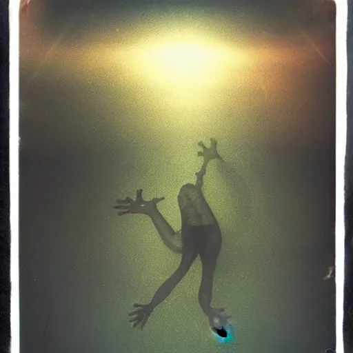 Prompt: frog in jesus christ pose levitating over misty water, polaroid photography by andrey tarkovski, paranormal, spiritual, mystical