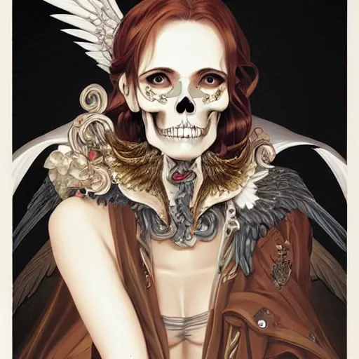 Image similar to anime manga skull portrait young woman with wings, angel halo, skeleton, intricate, elegant, highly detailed, digital art, ffffound, art by JC Leyendecker and sachin teng