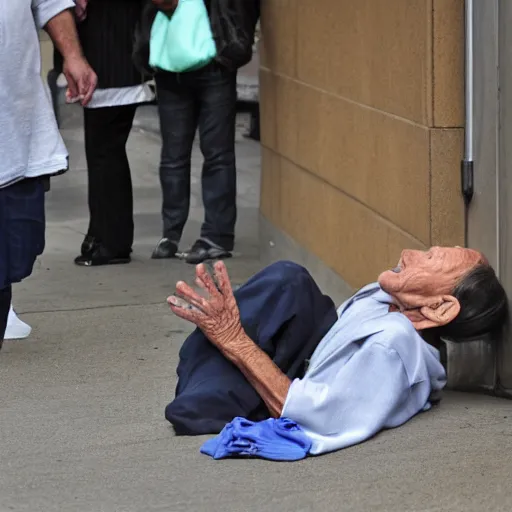 Image similar to kenneth copeland begging on the street of la, homeless, looking sad