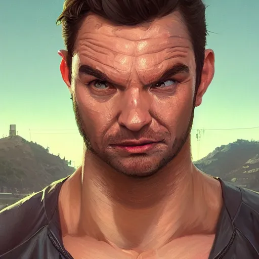 Image similar to highly detailed portrait of a gym bro in gta v, stephen bliss, unreal engine, fantasy art by greg rutkowski, loish, rhads, ferdinand knab, makoto shinkai and lois van baarle, ilya kuvshinov, rossdraws, tom bagshaw, global illumination, radiant light, detailed and intricate environment