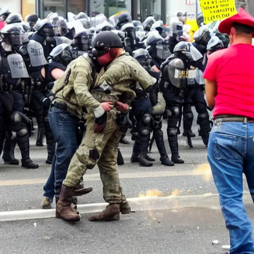 Prompt: photo of a farmer in a red hat kissing the boots of a swat team member firing on a group of protestors