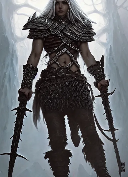 Image similar to barbarian, plated armor!!! long wild white hair!! covered chest!!! fantasy, d & d, intricate ornate details, digital painting, pretty face!!, symmetry, concept art, sharp focus, illustration, art by artgerm! greg rutkowski magali villeneuve wlop! ilya kuvshinov!!, octane render