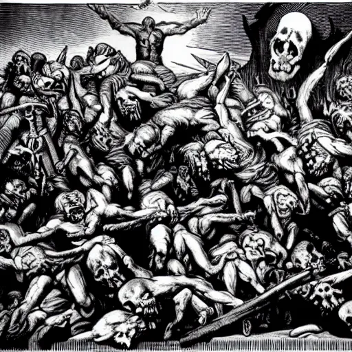 Prompt: an epic scene of blasphemy and abominations, black and white, demons, skulls, death, corpse, devils, unholy,