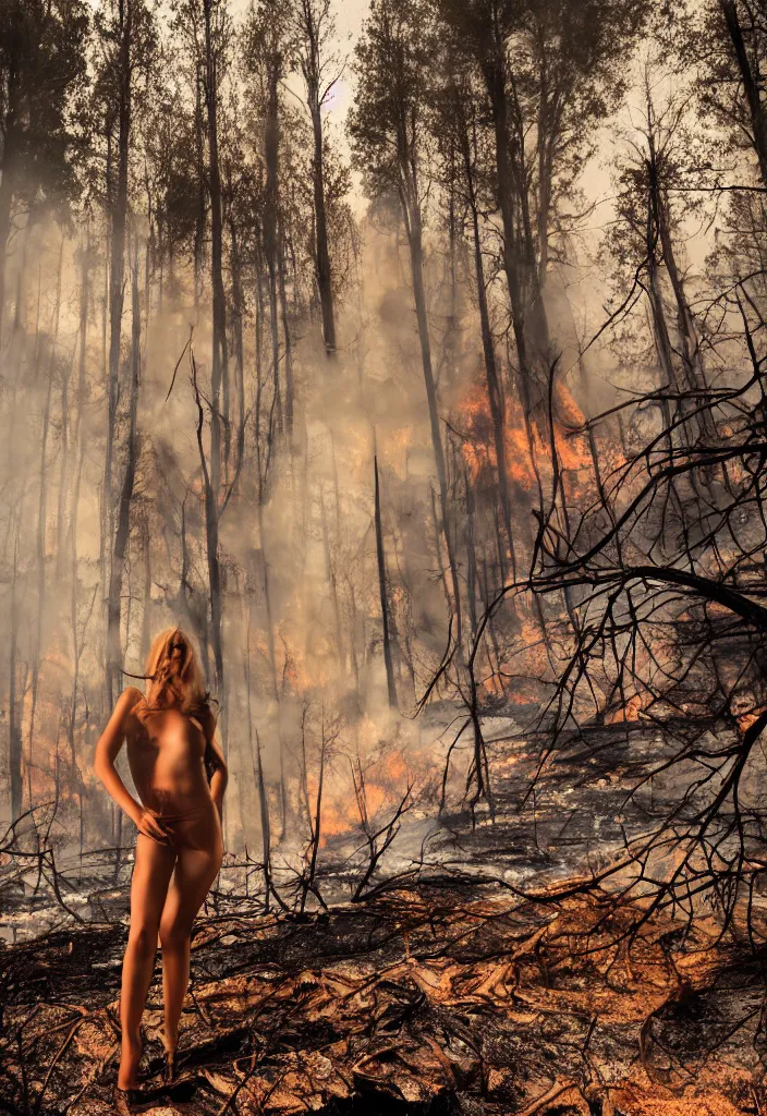 Prompt: fashion editorial in forest fire. wide angle shot. highly detailed.