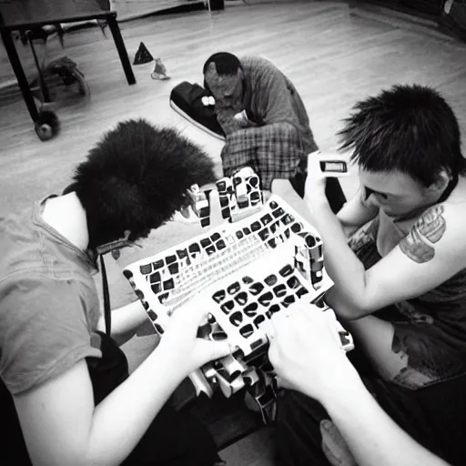 Image similar to Disposable camera picture of punk rockers trying to solve a Rubiks cube