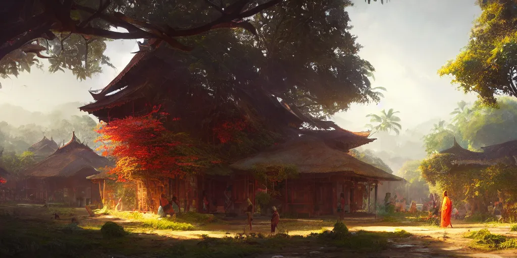 Image similar to kerala village, sharp focus, wide shot, trending on ArtStation, masterpiece, by Greg Rutkowski, by Ross Tran, by Fenghua Zhong, octane, soft render, oil on canvas, colorful, cinematic, environmental concept art