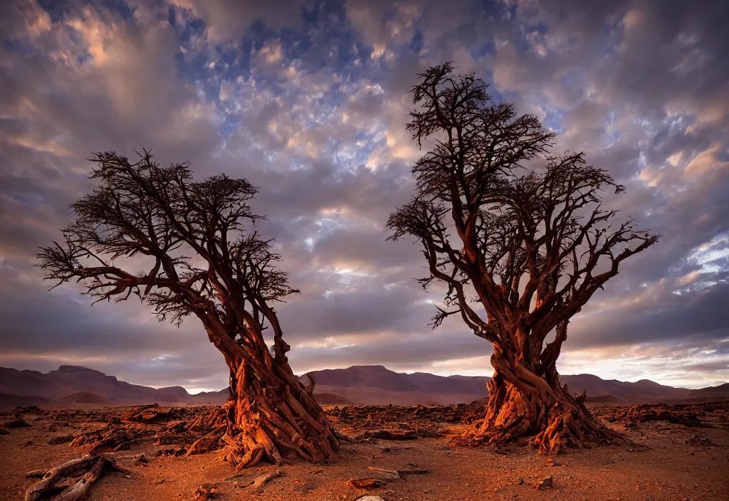 Prompt: amazing landscape photo of the Namib landscape with mountains in the distance and a dead tree stump on the rocks in the foreground by marc adamus, beautiful dramatic lighting, 16mm wide angle lens