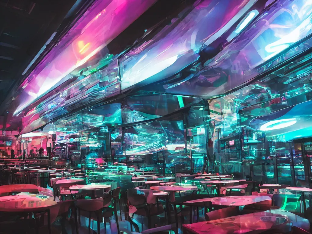 Image similar to visor with curved translucent visors projecting detailed sci - fi art, pixel perfect photograph, high contrast, volumetric lighting, thin glowing lights, restaurant, chairs, users, pair of keys