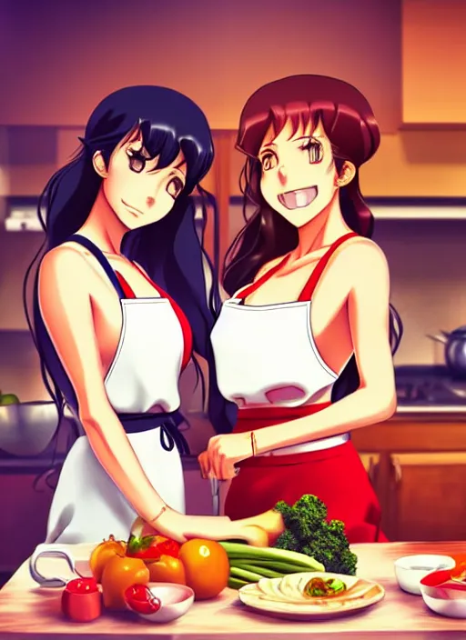 Prompt: two beautiful housewives in the kitchen on a hot summer evening, gorgeous faces, thick lines, cinematic lighting, detailed anime art