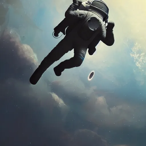 Image similar to astronaut falling through the clouds in jupiter, by cedric peyravernay, highly detailed, excellent composition, cinematic concept art, dramatic lighting, trending on artstation