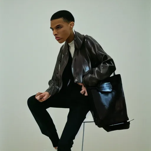 Image similar to realistic photoshooting for a new balenciaga lookbook, color film photography, portrait of a blonde european model, in style of tyler mitchell, 3 5 mm,