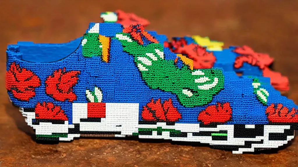 Image similar to sneaker made out of lego, kalamkari