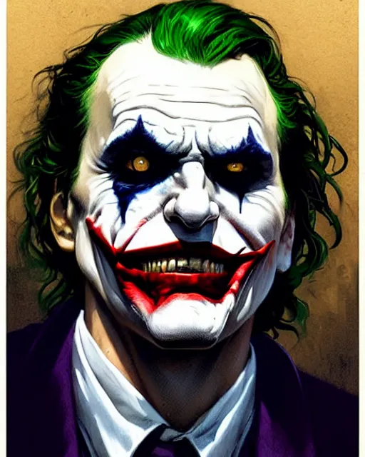 Image similar to character portrait of the joker | | realistic shaded, unpleasant face, bad looking, fine details, realistic shaded lighting poster by greg rutkowski, magali villeneuve, artgerm, jeremy lipkin and michael garmash and rob rey
