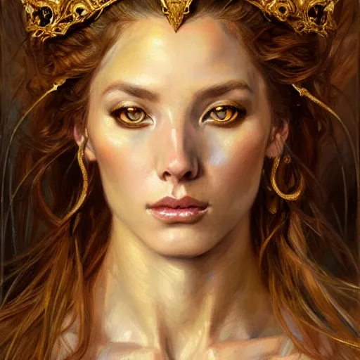 Image similar to highly detailed portrait of a majestic lioness queen in the form of a beautiful woman. d & d. art by eugene delacroix, donato giancola, anna dittmann. trending on artstation, intricate details, energetic composition, golden ratio, concept art, illustration, elegant art, global illuminaition