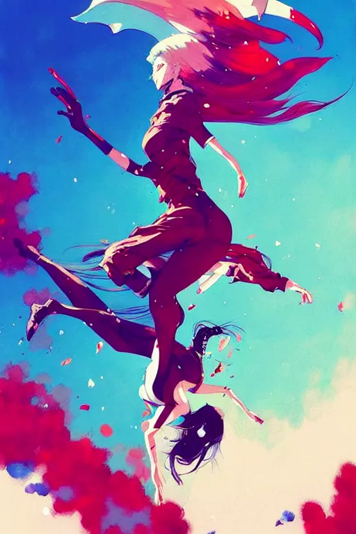 Image similar to a ultradetailed beautiful painting of a stylish woman falling from the sky, by conrad roset, greg rutkowski and makoto shinkai trending on artstation
