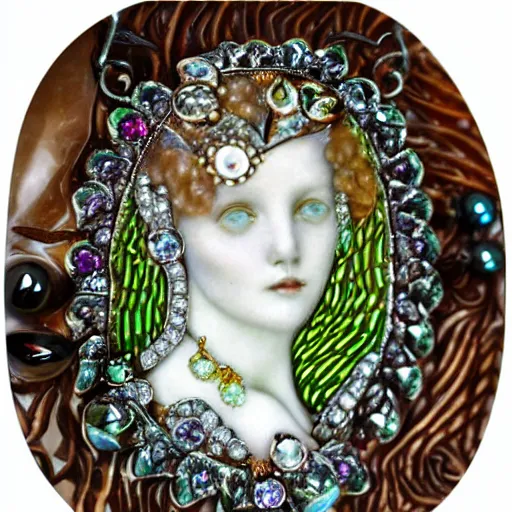 Image similar to artnouveau necklace of a woman's face with open eyes and messy hair in a bundle surrounded by gemstones highly detailed art by rene lalique