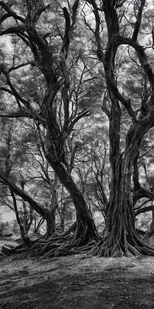 Prompt: dead old trees intricated together on a dry land,Highly Detailed, Cinematic Lighting, rim light, hyper real, black and white, photo-realistic Unreal Engine, 8K