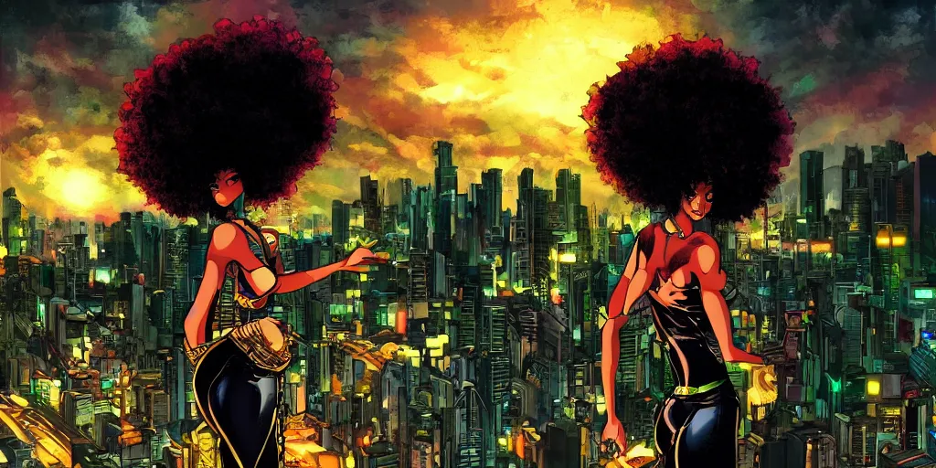 Image similar to an afropunk girl looking into an expansive afro futuristic city at night during a thunderstorm in the style of masamune shirow, anime, cinematic