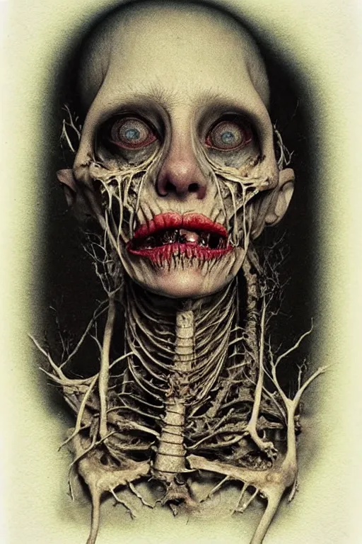 Image similar to an old polaroid photography of a very sad and detailed rotten woman corpse with fractal ornate growing around her face muscles, veins, arteries, bones, anatomical, skull, eye, ears, intricate, surreal, ray caesar, john constable, guy denning, dan hillier