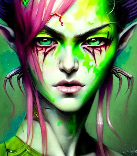 Image similar to a Demon Slayer portrait of Upper Six rank Daki , tall, pale-skinned, and slender woman with lime green eyes and long eyelashes by Stanely Artgerm,Tom Bagshaw,arthur adams,Carne Griffiths,trending on DeviantArt,street art,face enhance,chillwave,maximalist,full of color,glittering