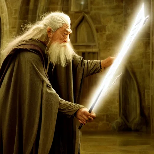 Prompt: Gandalf as Defense against the Dark Arts teacher in Hogwarts