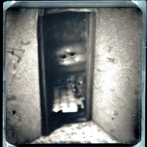 Image similar to dark room with a monster peering out of a trap door in the floor, distuburbing, horror, nightmare, terrifying, surreal, nightmare fuel, old polaroid, blurry, expired film, lost footage, found footage,