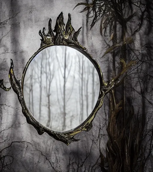 Image similar to a shatter mirror showing a evil fantasy realm, professional photography, high resolution, liminal eerie midnight backlit, a photograph taken by holloywood studios