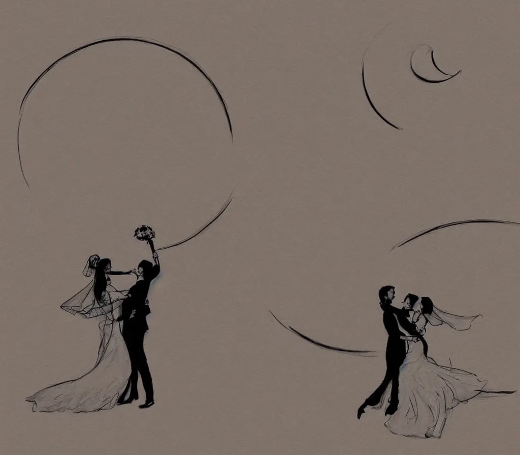 Prompt: detailed, anatomical, digital art drawing of a couple dancing on a crescent moon during their wedding ceremony, soft lighting, neutral colours, lots of details