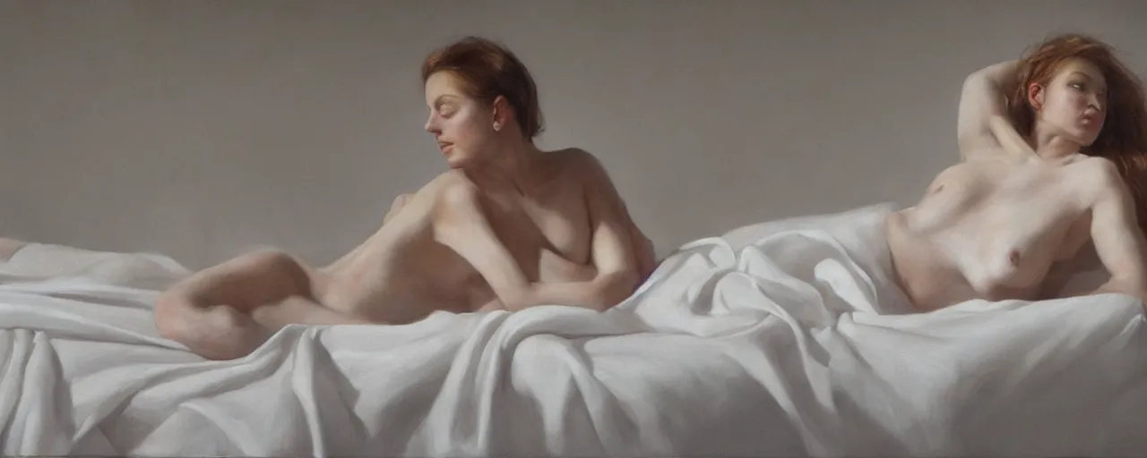 Prompt: hyperrealism, women in white sheets, soft light, in style of classicism