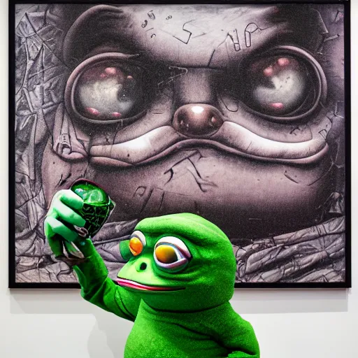 Image similar to pepe the frog wearing vr headset, bitcoin and crypto graphs and charts in walls, cinematic horror by chris cunningham, junji ito, aleksandra waliszewska, richard corben, norman rockwell, highly detailed, vivid color, beksinski painting, part by adrian ghenie and gerhard richter. gamma glitched, art by takato yamamoto. masterpiece