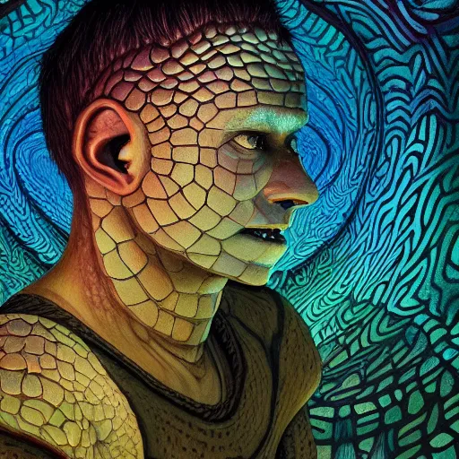 Image similar to fungus labyrinth mohawk scales projector portrait by gaston bussierre and charles vess and james jean and erik jones and rhads, inspired by rick and morty, epic, funny, huge scale, beautiful fine face features, intricate high details, sharp, ultradetailed